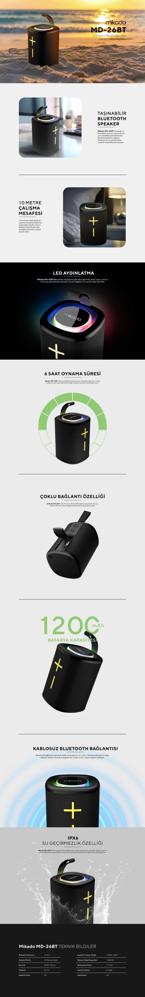 MIKADO MD-26BT Nexus Siyah 6W 1200mAh USB-TF-TWS-IPX6 Bluetooth Hoparlör